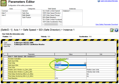 Parameters Editor with the values for FSoE SDIp shown and circled